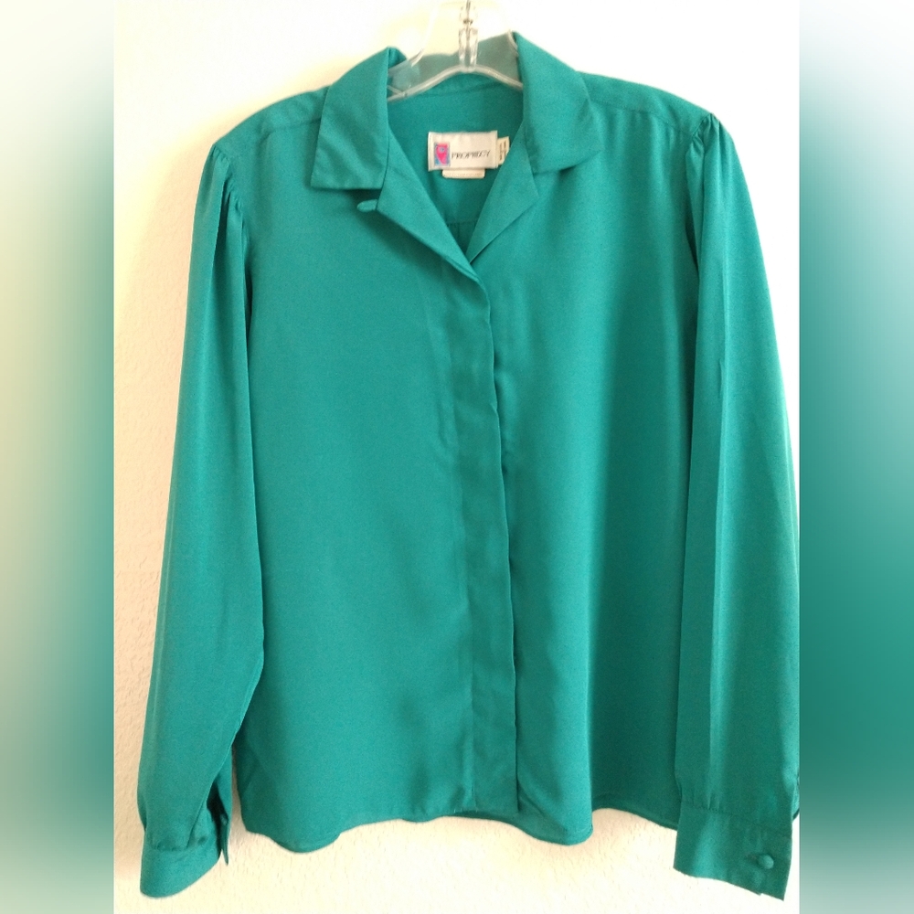 Vintage Prophecy Green Blouse Long Sleeve USA Secretary Office Size 8 Chest 34"